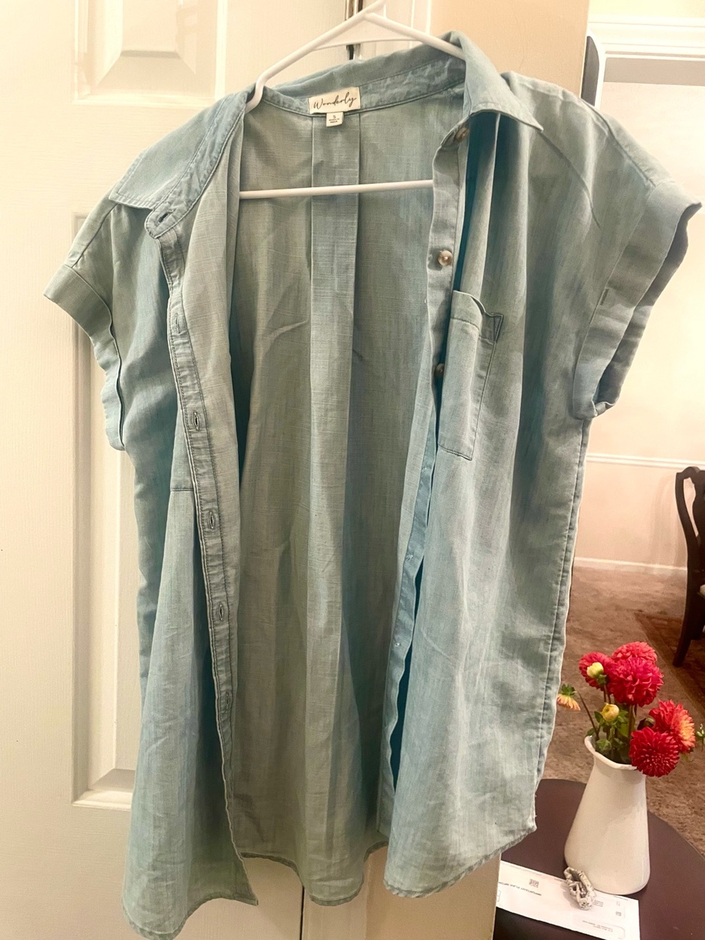 Wonderlilly small soft denim short sleeve with cuff sleeves and pocket